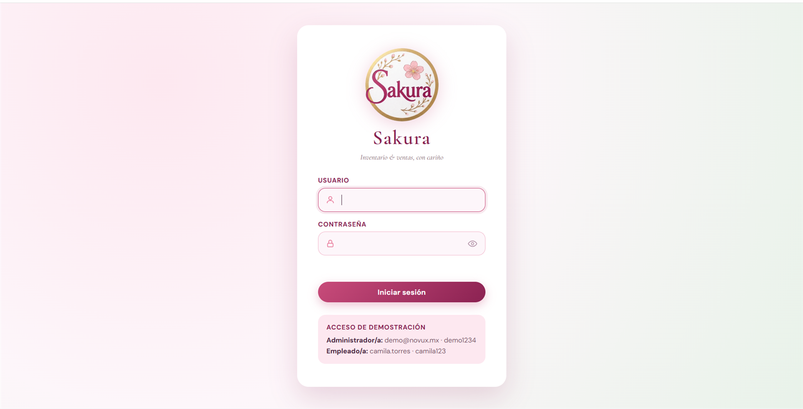 Pantalla de inicio de sesión del sistema Sakura